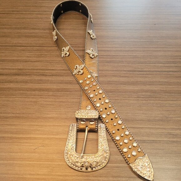 Leather Bronze Fleur De Lis Western Rhinestone Belt - Picture 13 of 15